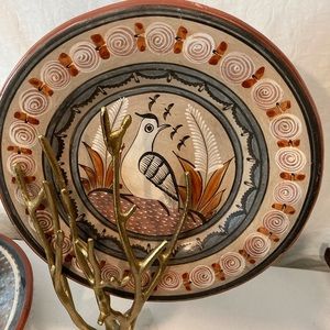 Huge Mexican Platter 12” VTG MCM Tonala Pottery Folk art Bird Plate